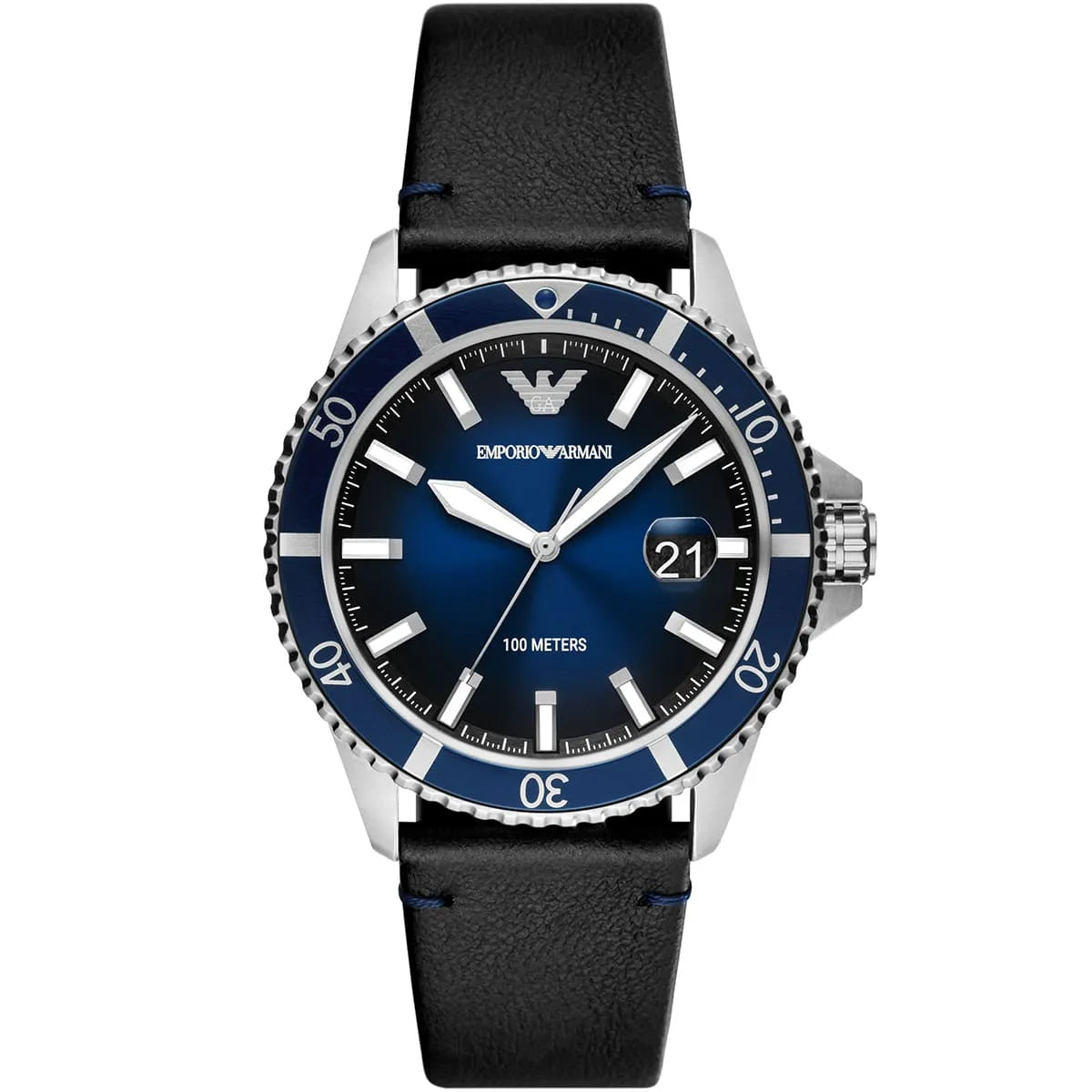 Emporio Armani AR11516 silver watch with blue dial, blue bezel and black leather strap