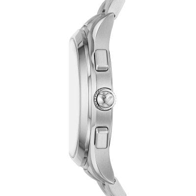 Side profile of Emporio Armani AR11529 watch showing polished case and bracelet thickness