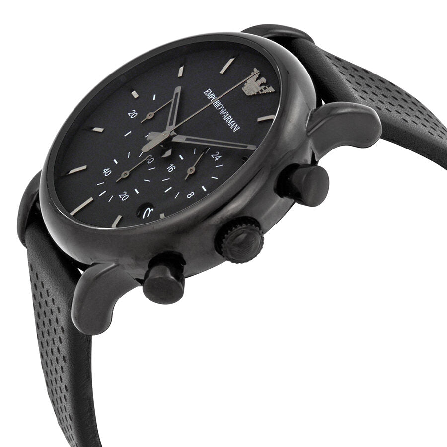 Side angle view of Emporio Armani AR1737 chronograph watch showing case and strap
