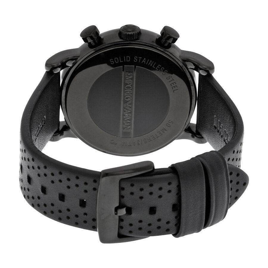 Caseback of Emporio Armani AR1737 watch with solid stainless steel case and perforated strap