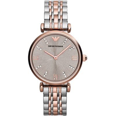 Emporio Armani AR1840 watch with two-tone silver and rose gold stainless steel bracelet and gray dial with Roman numerals