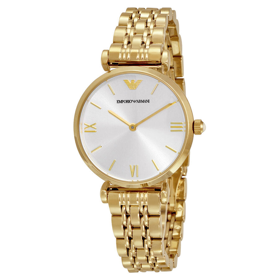 Emporio Armani AR1877 gold-tone watch with silver dial and Roman numeral indices