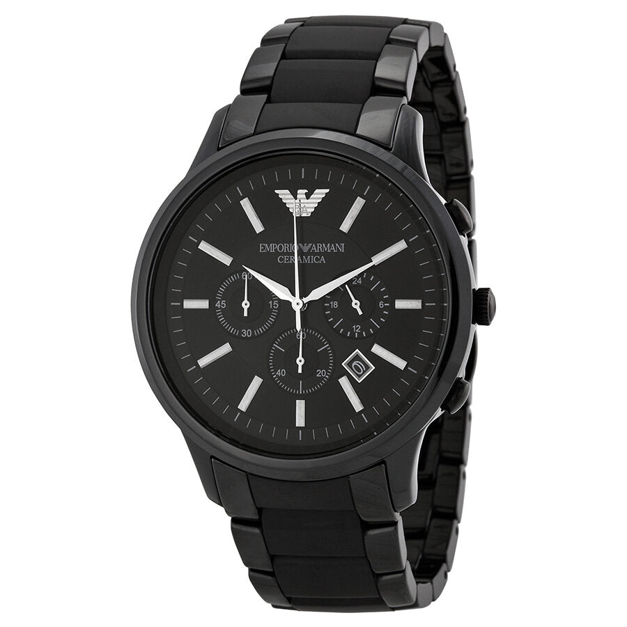 Emporio Armani Ceramica black ceramic chronograph watch with black dial, white markers, and ceramic bracelet