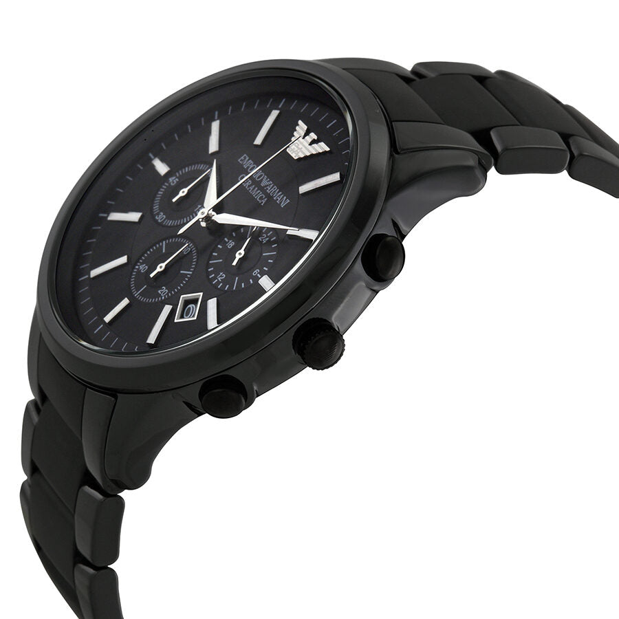 Side angle view of Emporio Armani Ceramica chronograph with black ceramic case and link bracelet
