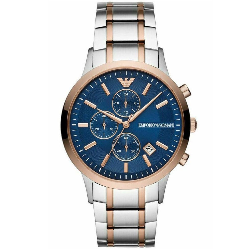 Emporio Armani AR80025 chronograph watch with blue dial and rose gold and silver two-tone bracelet
