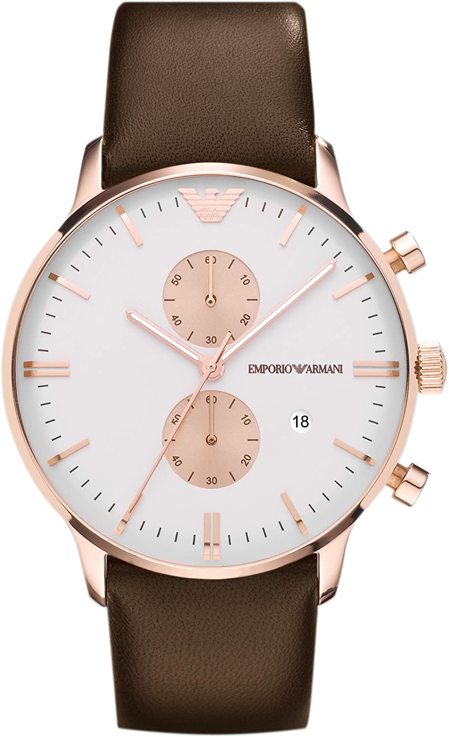 Emporio Armani Classic AR0398 chronograph watch with rose gold case, white dial, and brown leather strap