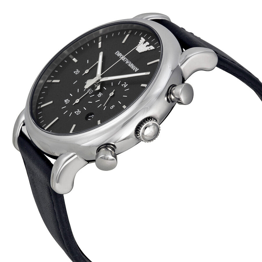 Side angle view of Emporio Armani AR1828 chronograph watch with black leather strap