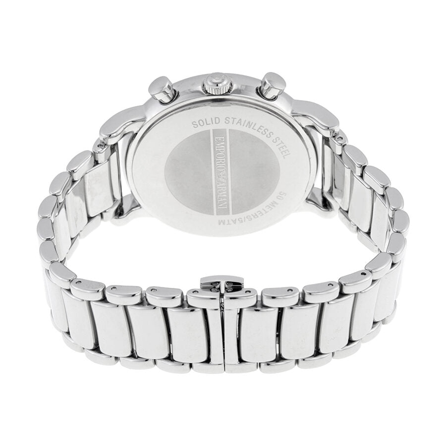 Caseback of Emporio Armani AR1894 showing solid stainless steel with engraved details