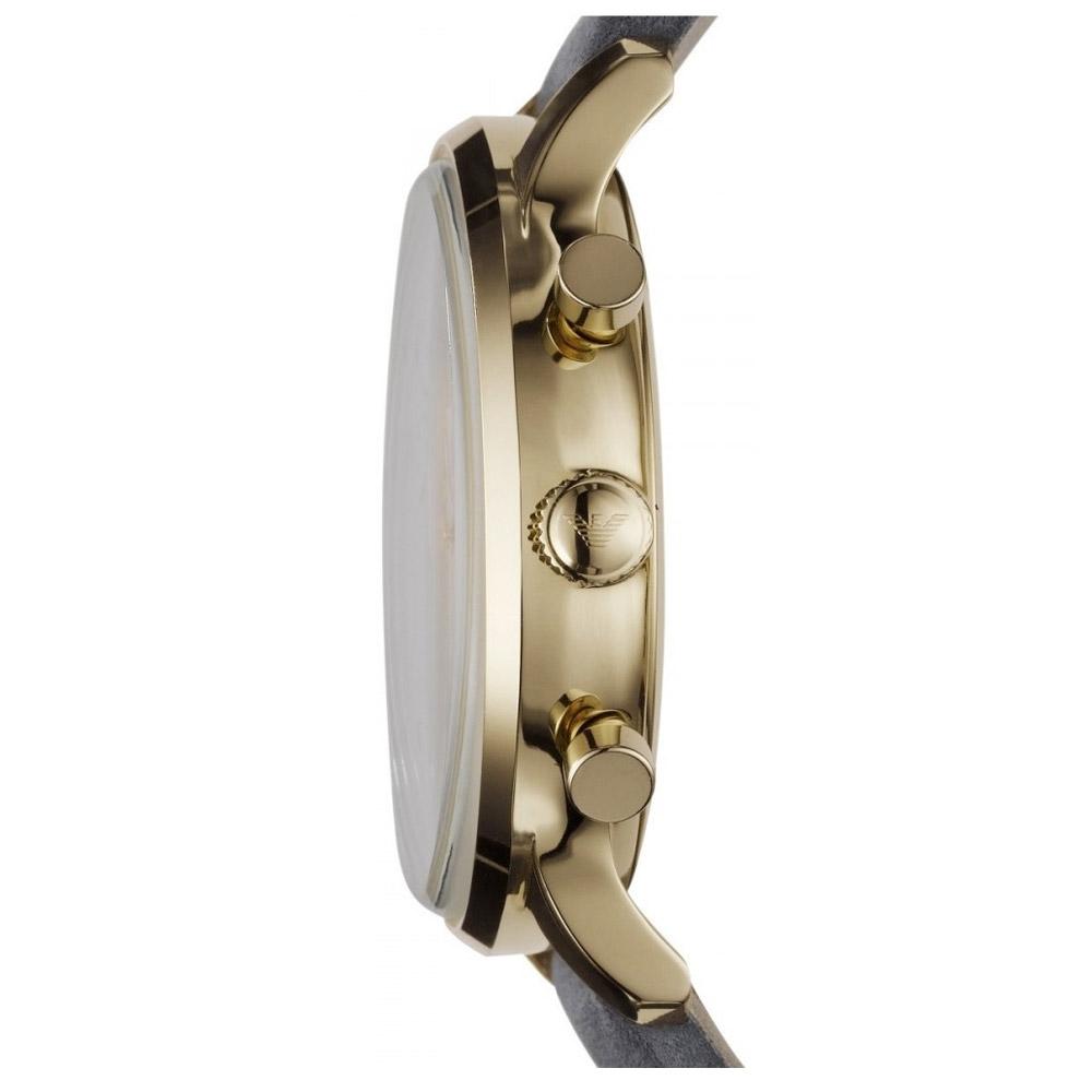 Side view of Emporio Armani Gianni watch showing gold-tone case and black leather strap