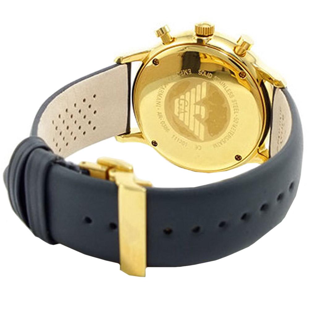 Caseback of Emporio Armani Gianni chronograph watch with gold-tone medallion and black leather strap
