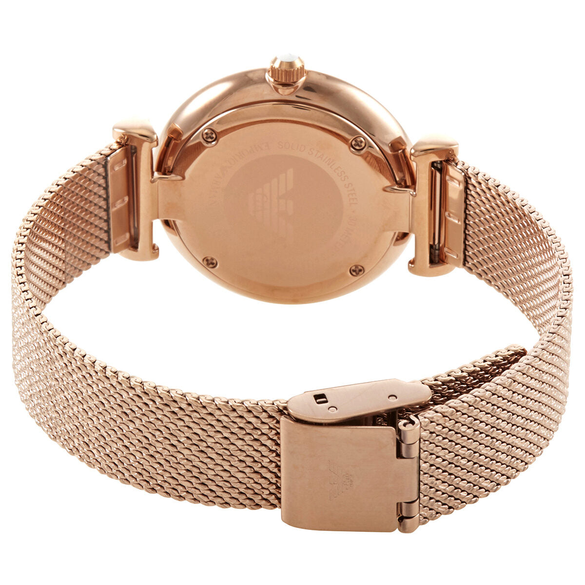 Case back of Emporio Armani Gianni T-Bar watch with rose gold mesh bracelet and deployment clasp