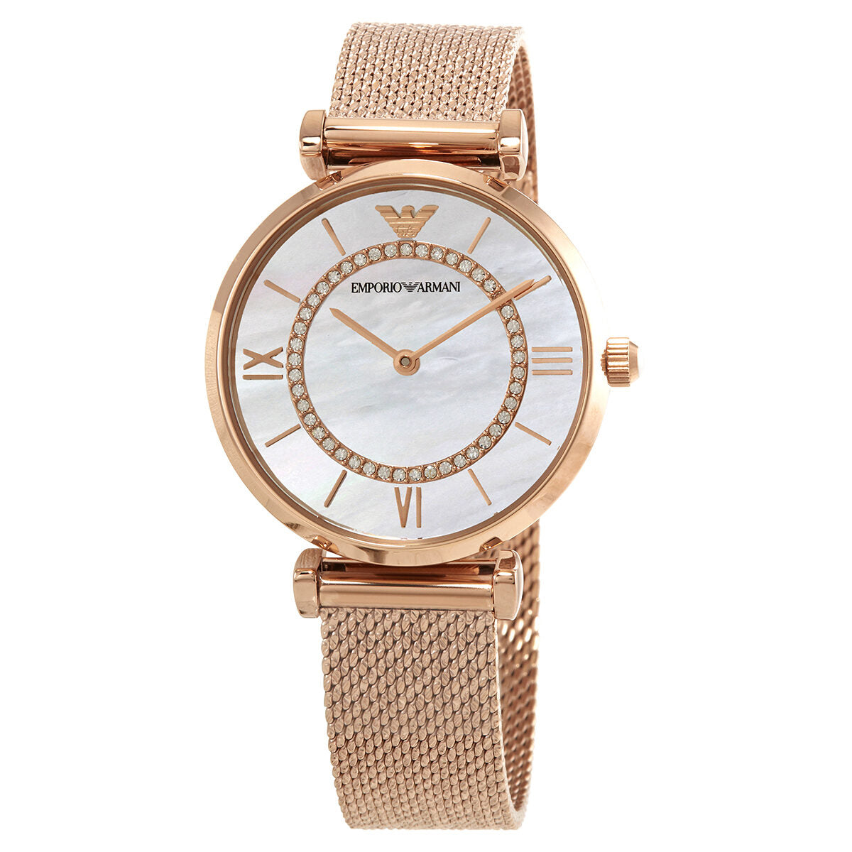 Emporio Armani Gianni T-Bar watch with rose gold case and mesh strap, mother of pearl dial with Roman numerals