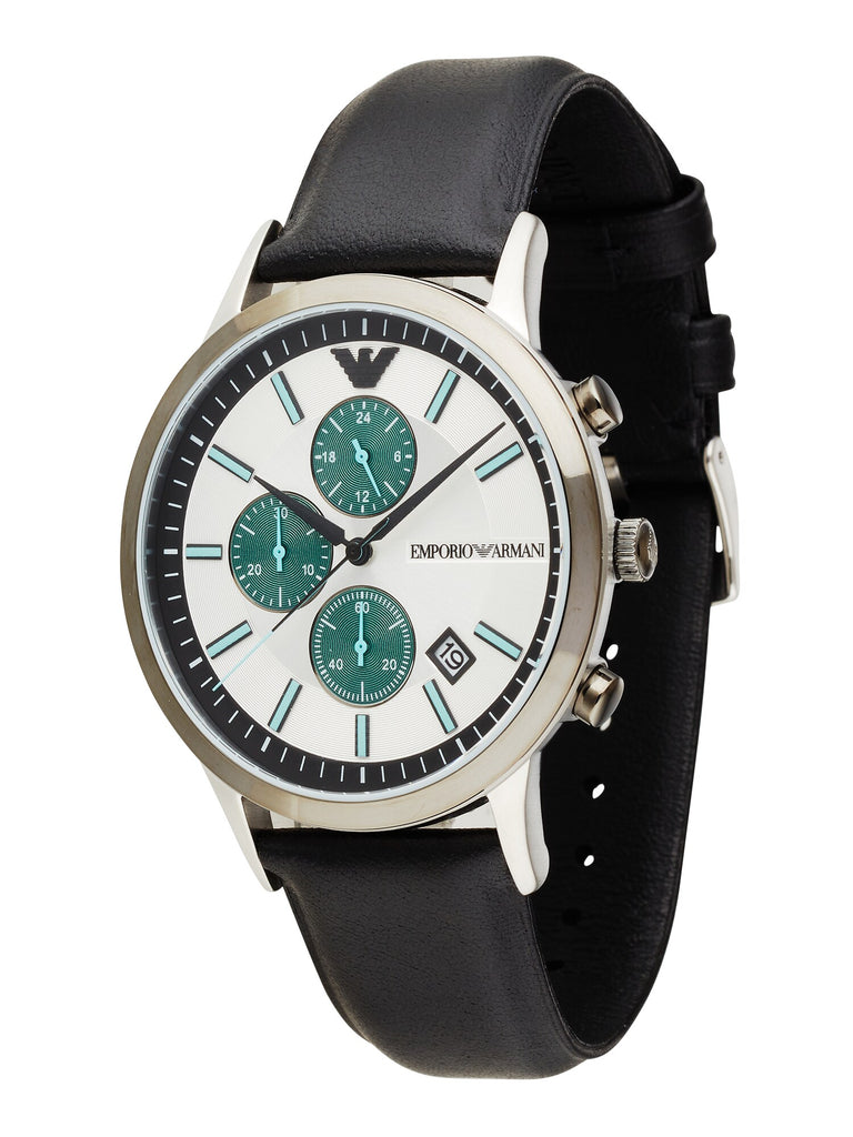 Emporio Armani Renato watch angle view showing silver case, white dial with teal subdials, and black leather strap