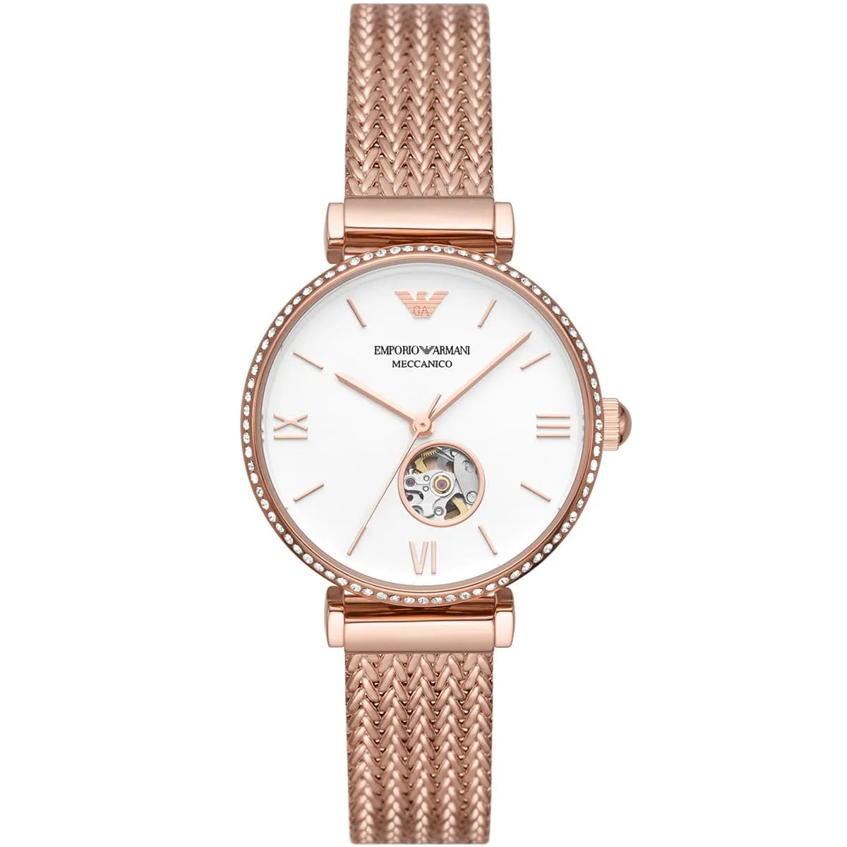 Rose gold ladies watch with white dial, Roman numerals, and mesh strap