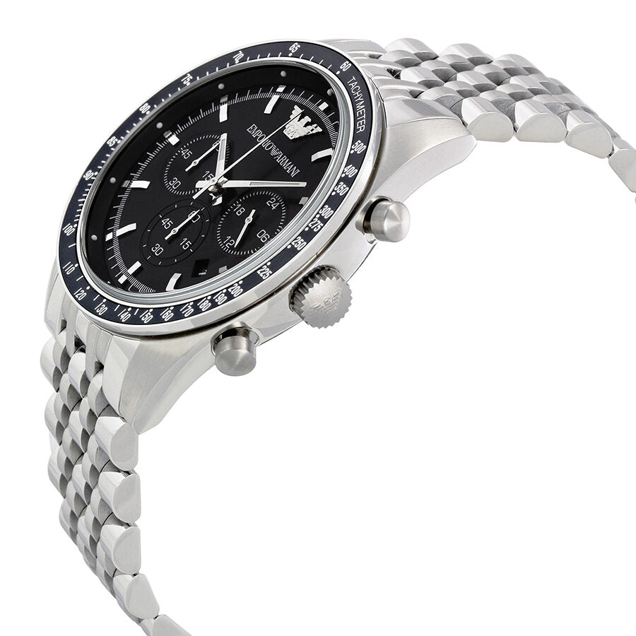 Emporio Armani Sportivo watch shown at angle with stainless steel bracelet and chronograph pushers visible