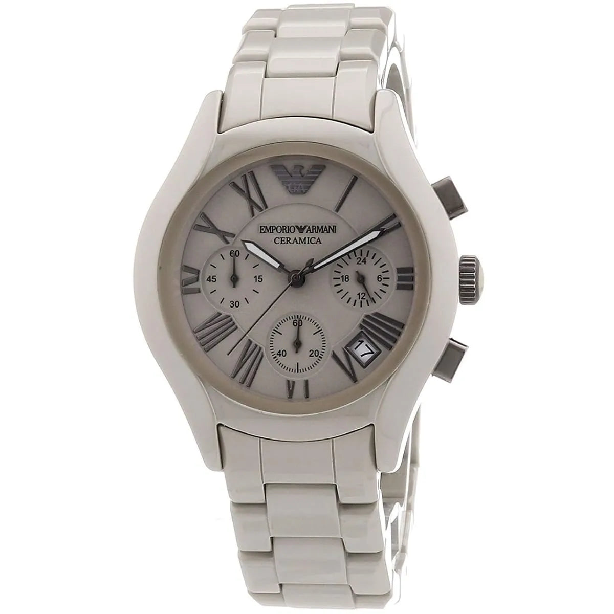 Angled view of Emporio Armani Valente chronograph watch showing dial and ceramic case