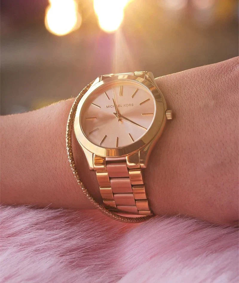 Michael Kors Slim Runway Pink Dial Gold Ladies Watch MK3493