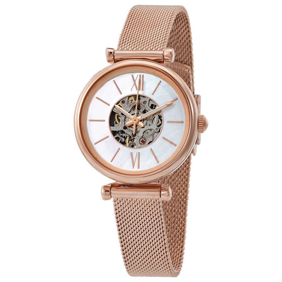 Fossil Carlie Mini Automatic Mother of Pearl Skeleton  Dial Ladies Watch ME3188 - Dawson Watches