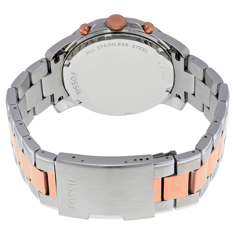 Caseback view of Fossil Grant watch showing stainless steel case with two-tone bracelet attachment