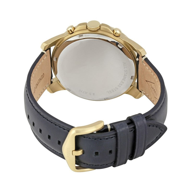 Caseback view of Grant chronograph showing stainless steel back and tan leather interior