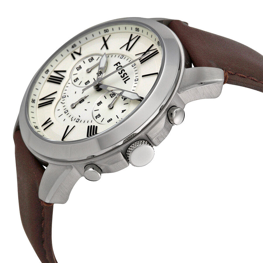 Fossil Grant chronograph watch at angle showing silver case, white dial, and chronograph subdials