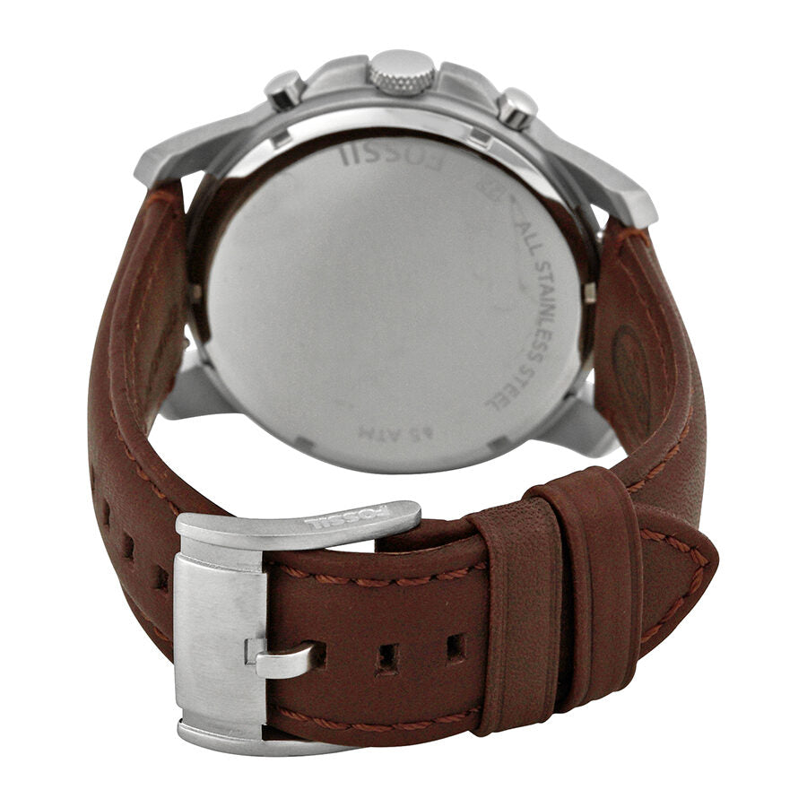 Fossil Grant watch caseback showing silver-tone steel back and brown leather strap with buckle