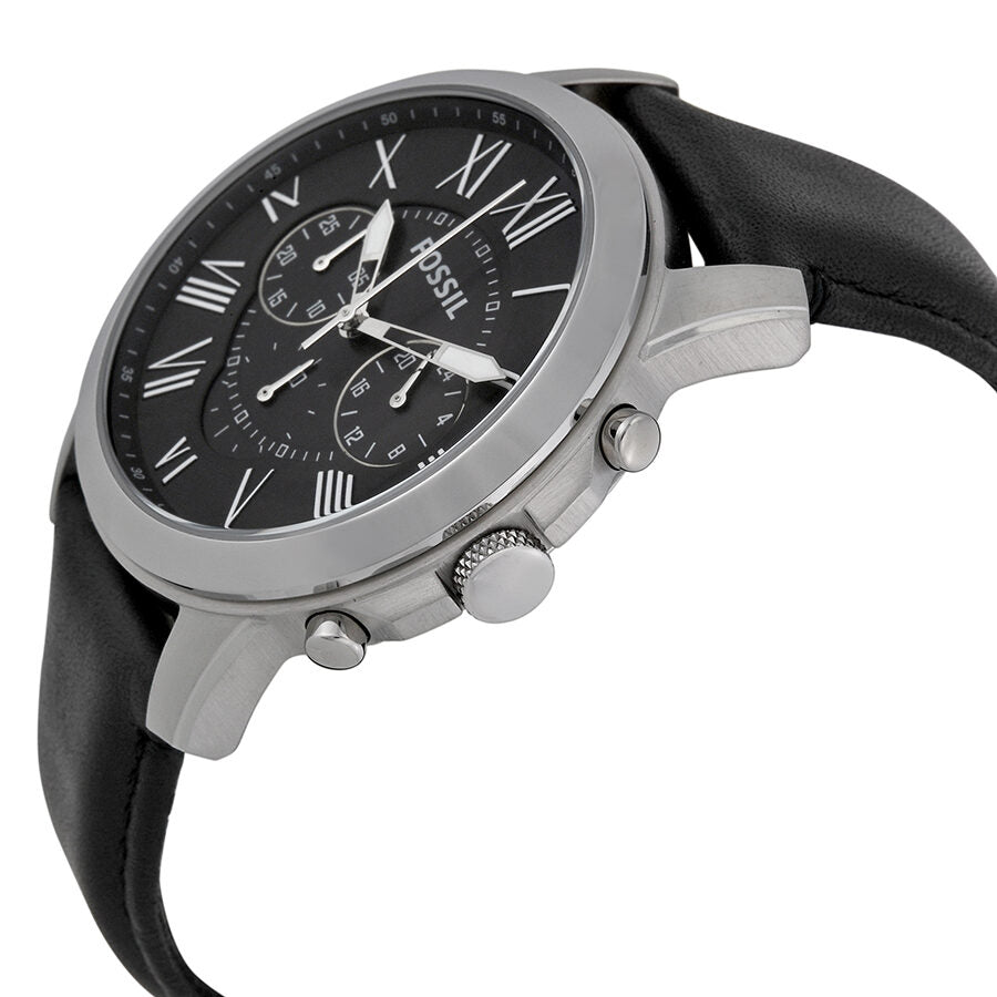 Fossil Grant chronograph watch angled view showing stainless steel case and black leather strap