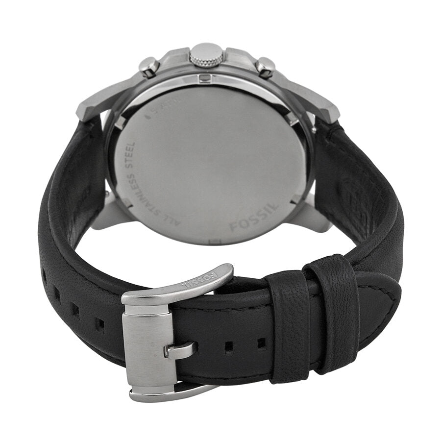 Fossil Grant watch caseback showing stainless steel back plate and black leather strap