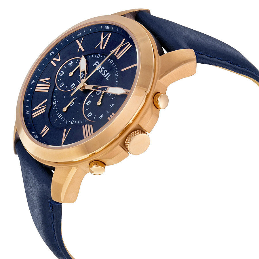 Side angle view of Fossil Grant chronograph with rose gold case and navy leather strap