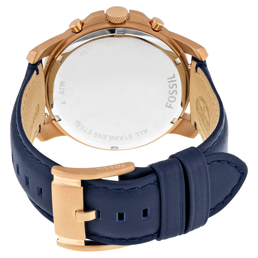 Caseback view of Fossil Grant watch showing stainless steel case and navy leather band
