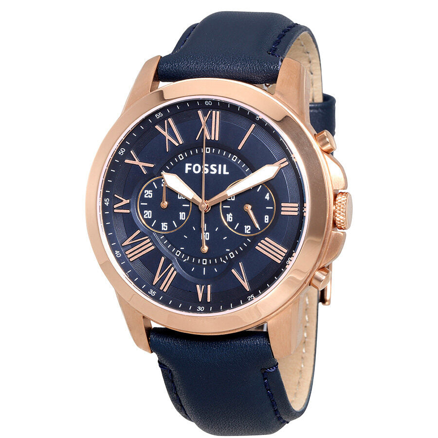Fossil Grant navy dial chronograph watch with rose gold case and navy leather strap