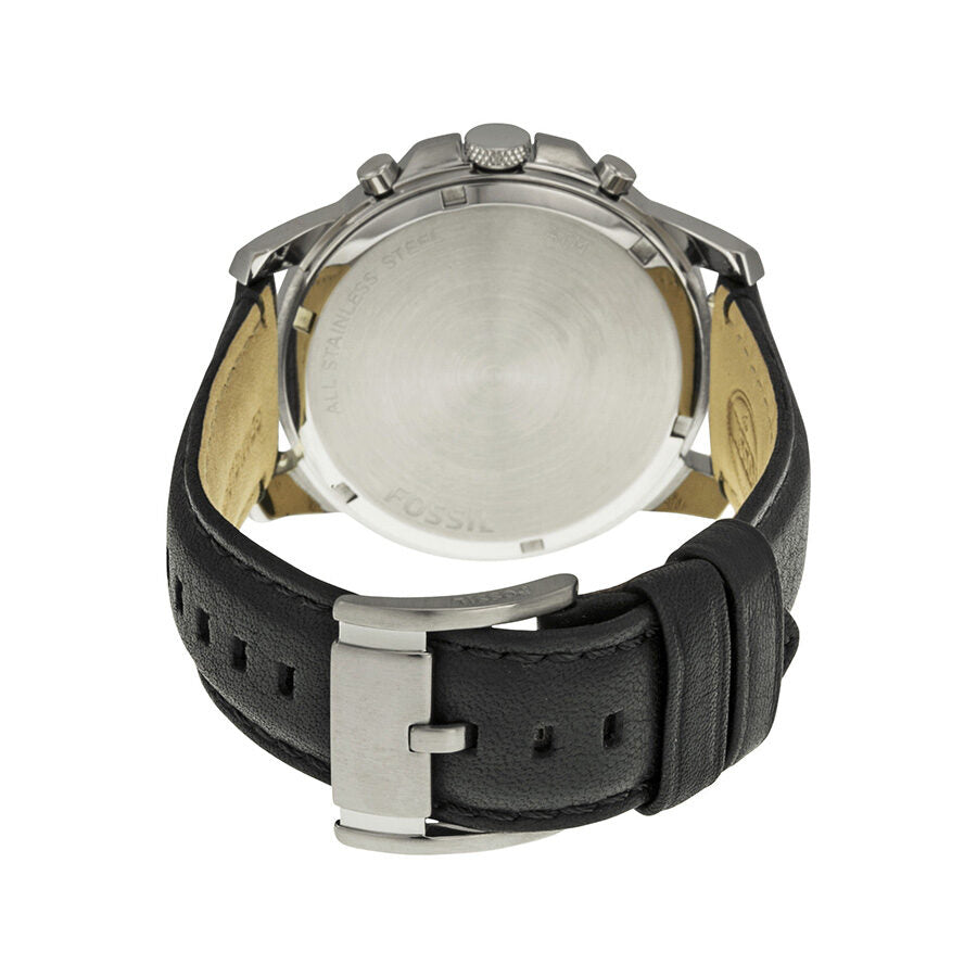 Fossil Grant FS4990 caseback showing stainless steel back, chronograph mechanism, and black leather strap