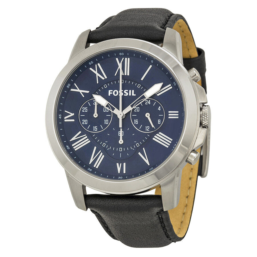 Fossil Grant FS4990 chronograph watch with blue dial, Roman numerals, stainless steel case, and black leather strap