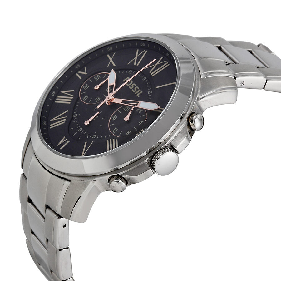 Side angle view of Fossil Grant Chronograph with stainless steel bracelet and chronograph pushers