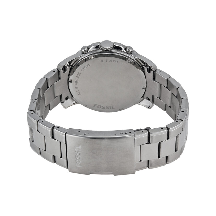 Caseback view of Fossil Grant Chronograph stainless steel watch showing engravings