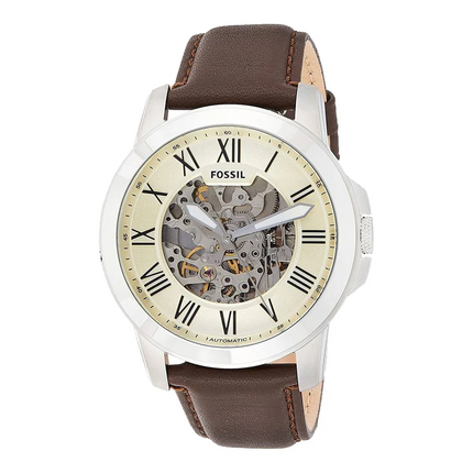 Fossil Grant automatic watch with cream dial, Roman numerals, and visible skeleton movement on brown leather strap