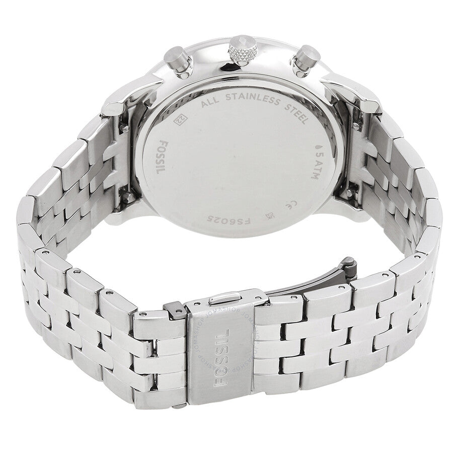 Caseback view of Fossil Neutra showing all stainless steel construction and model details