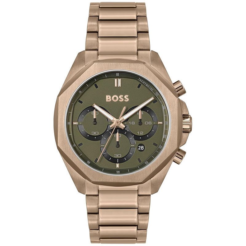 Hugo Boss 1514019 chronograph watch with olive green dial and beige gold steel bracelet
