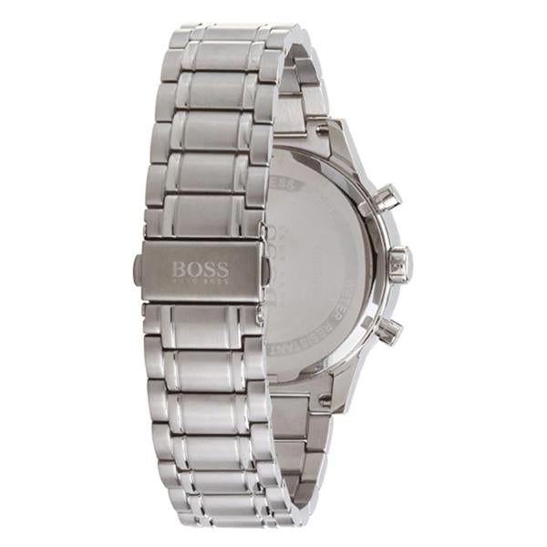 Hugo Boss Aeroliner watch caseback view showing stainless steel bracelet and engraved Boss logo clasp