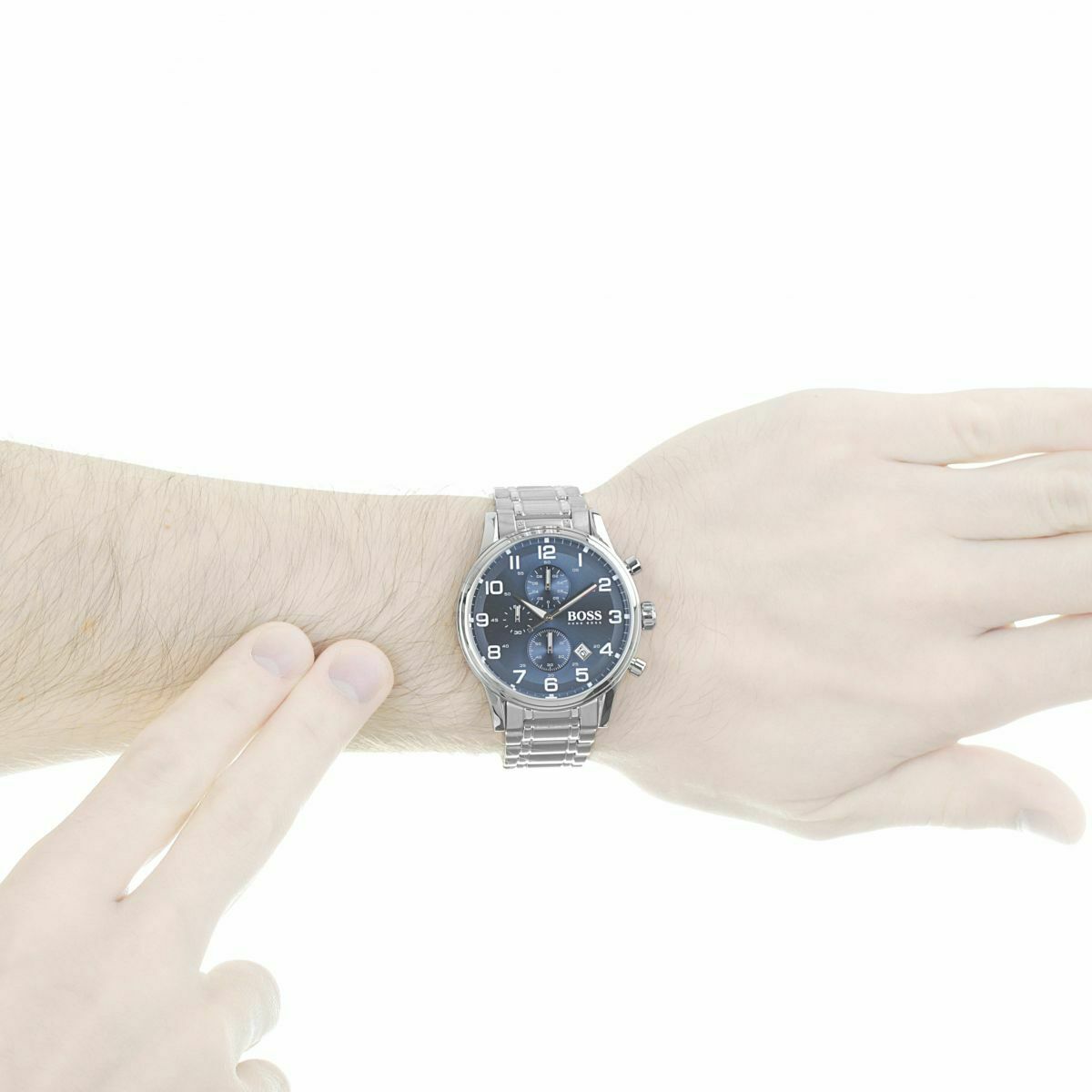 Hugo Boss Aeroliner chronograph blue dial watch worn on wrist showing stainless steel bracelet