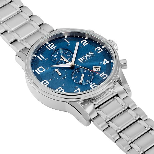 Hugo Boss Aeroliner chronograph watch side view showing stainless steel case and bracelet links