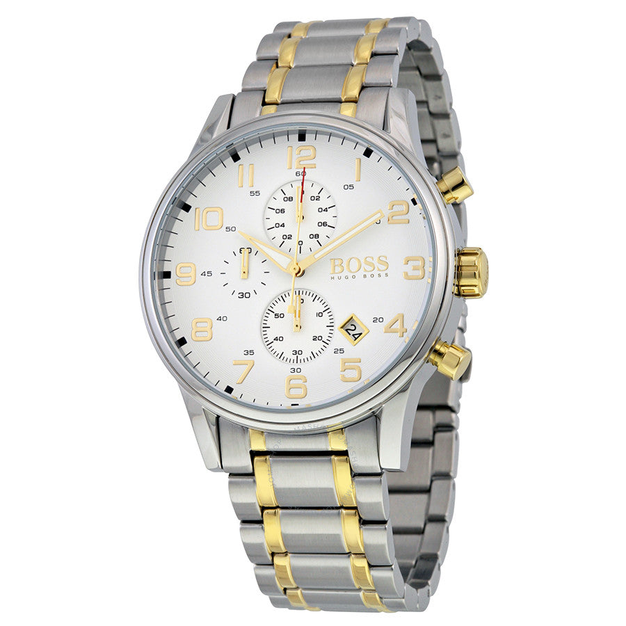 Hugo Boss Aeroliner Chronograph White Dial Two-tone Men's Watch 1513236 Water resistance: 50 meters / 165 feet Movement: Quartz