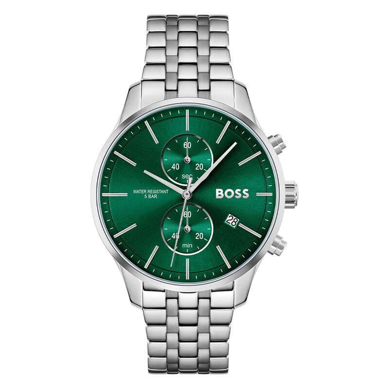 Hugo Boss Associate chronograph watch with green dial and silver steel bracelet