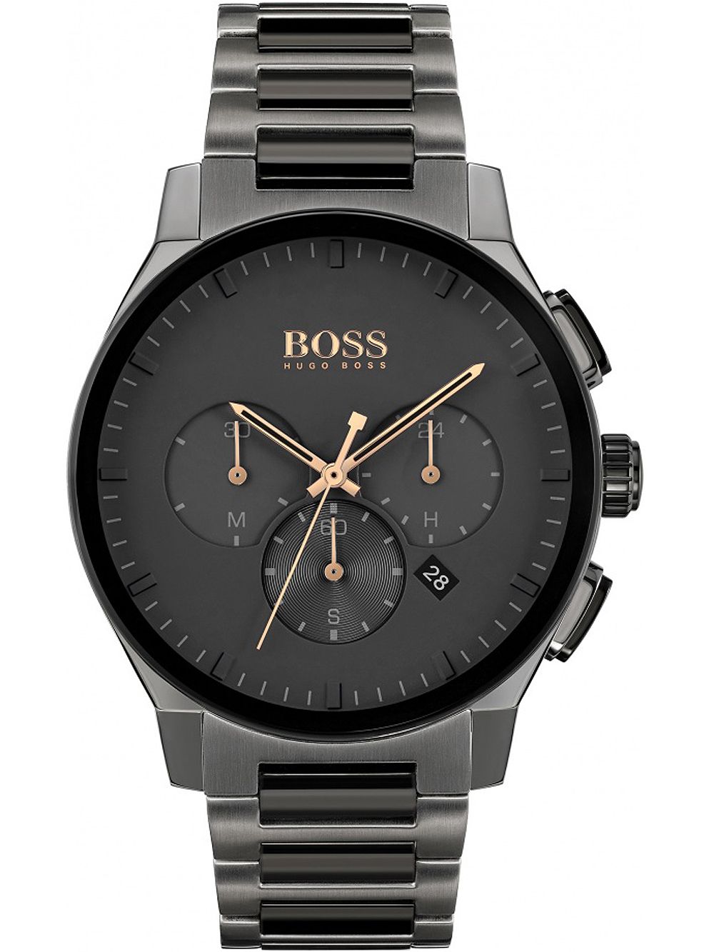 Hugo Boss black chronograph watch with gunmetal dial and rose gold hands