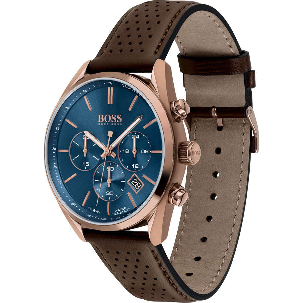 Hugo Boss Champion watch from angled side view showing leather strap and case profile