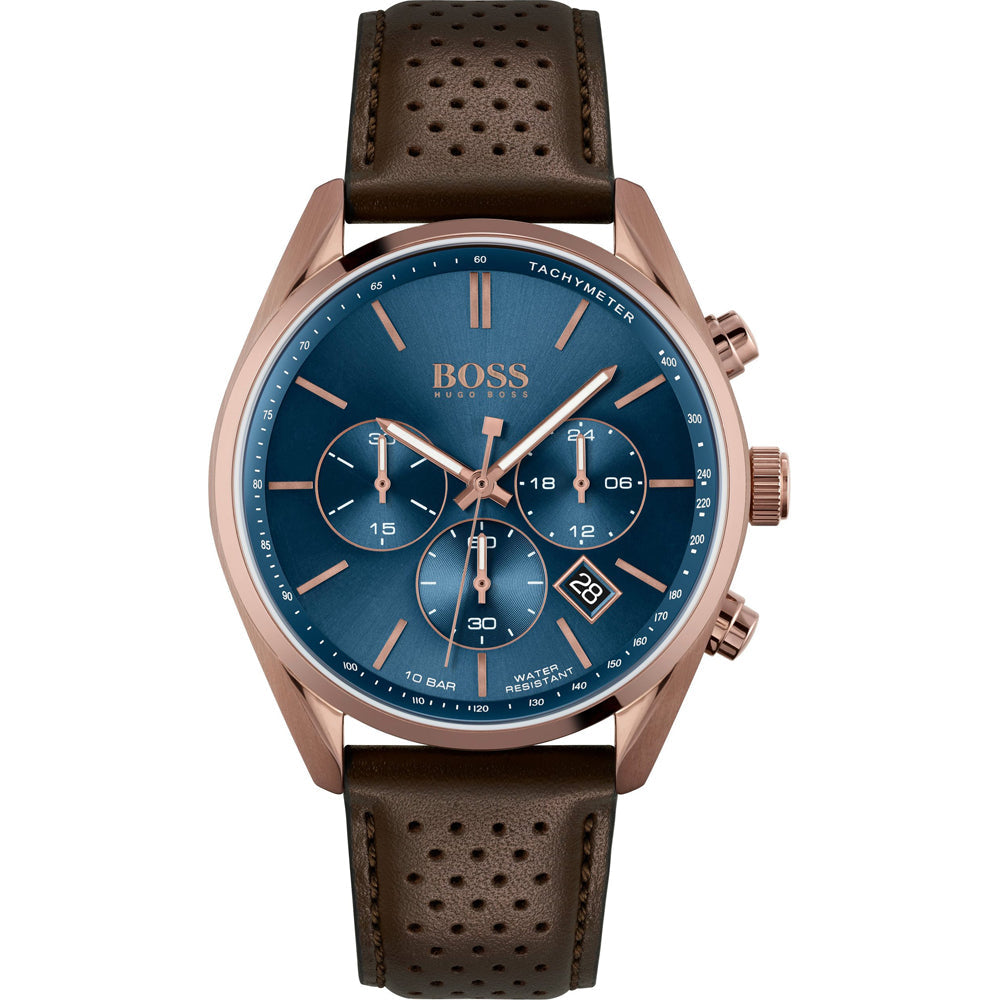 Hugo Boss Champion men's watch with blue chronograph dial and brown leather strap