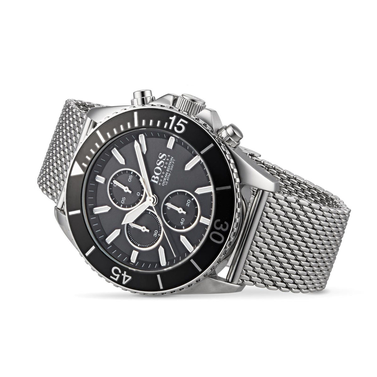 Hugo Boss Ocean Edition chronograph three-quarter view showing black dial and mesh strap