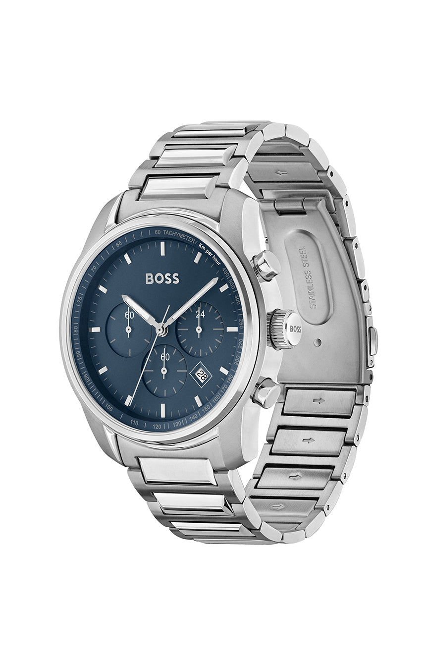 Hugo Boss Trace watch shown from angled view displaying dial and stainless steel bracelet