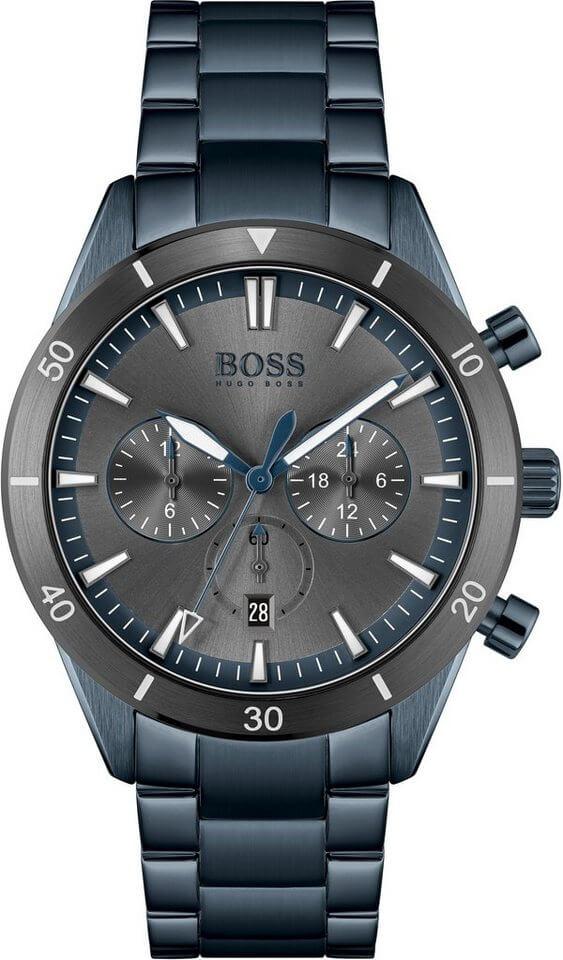Hugo Boss Trophy chronograph watch with black dial, grey subdials, and black steel bracelet