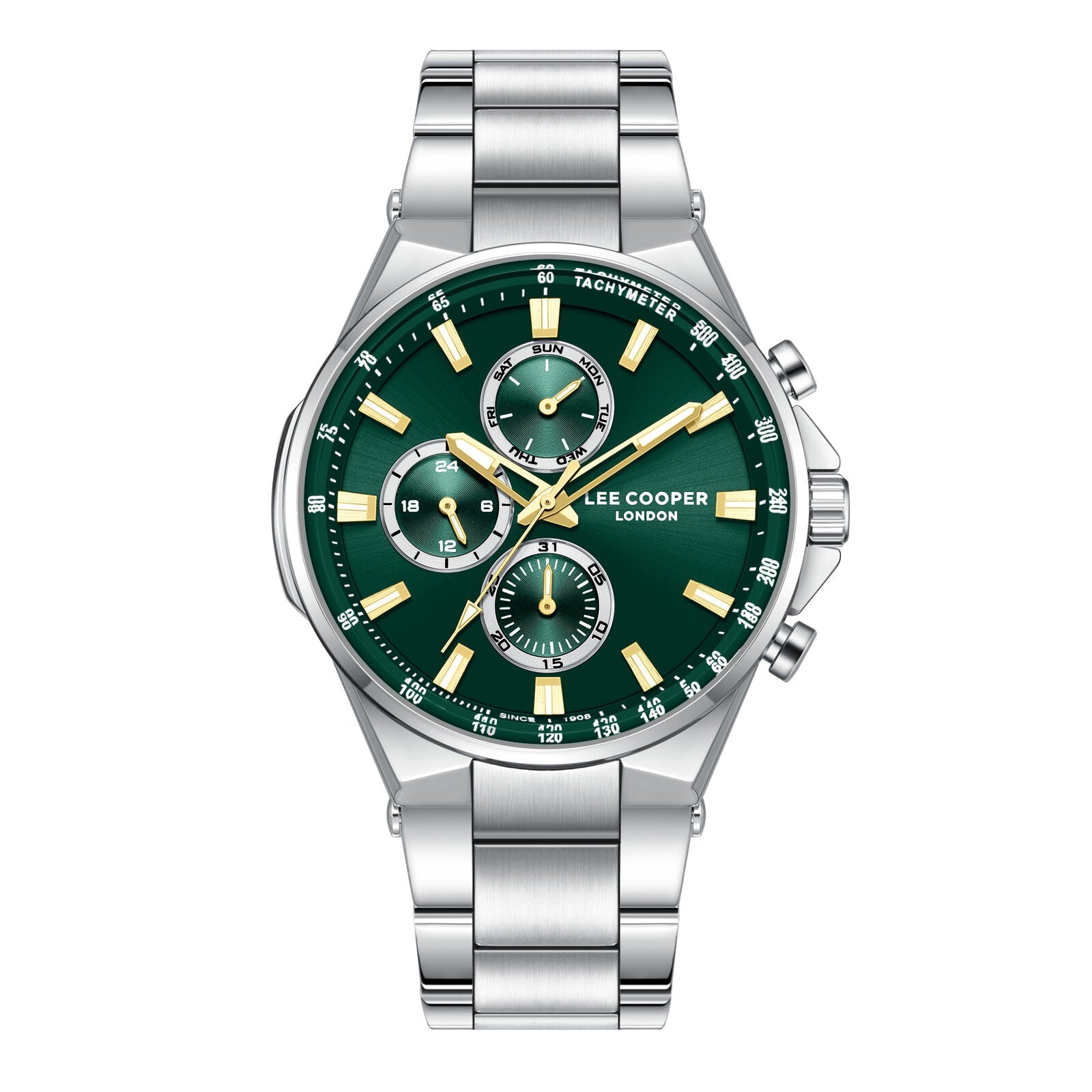Lee Cooper Jules multifunction chronograph watch with green dial, golden hands, and silver bracelet